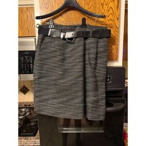 Black and White Textured Tweed Pencil Skirt with Patent Belt Size 14